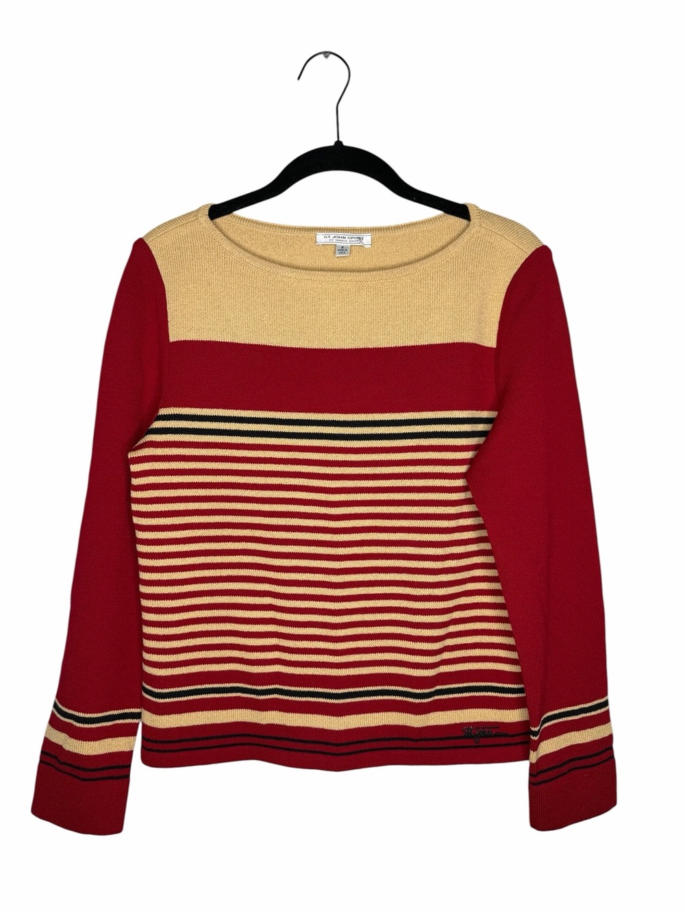 ST. JOHN SPORT / red tan black striped santana knit boatneck sweater / S